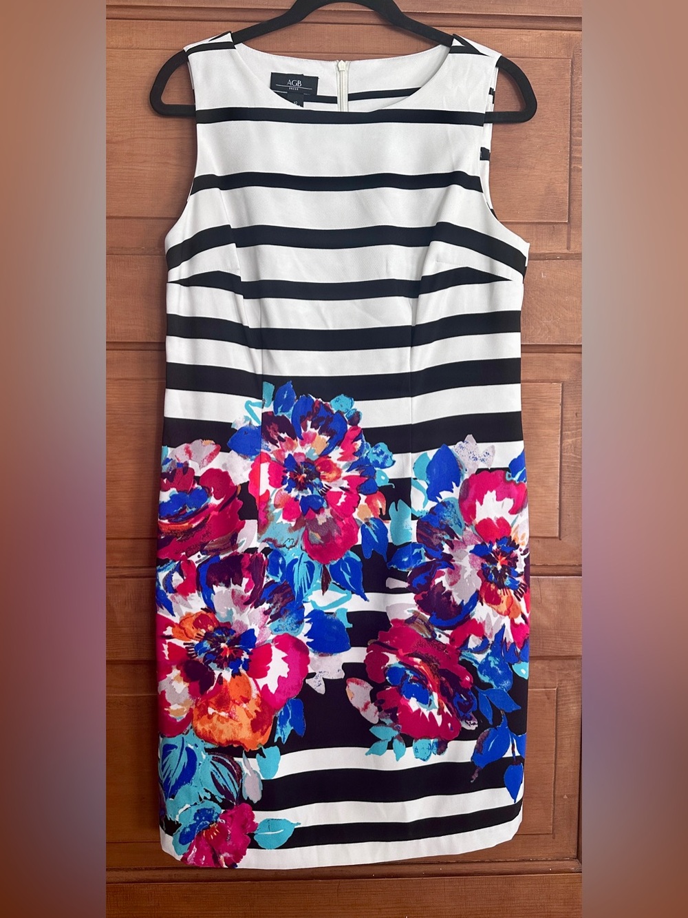 AGB Black and White Striped Midi Dress with Multicolor Floral Hemline! Sz 12 EUC